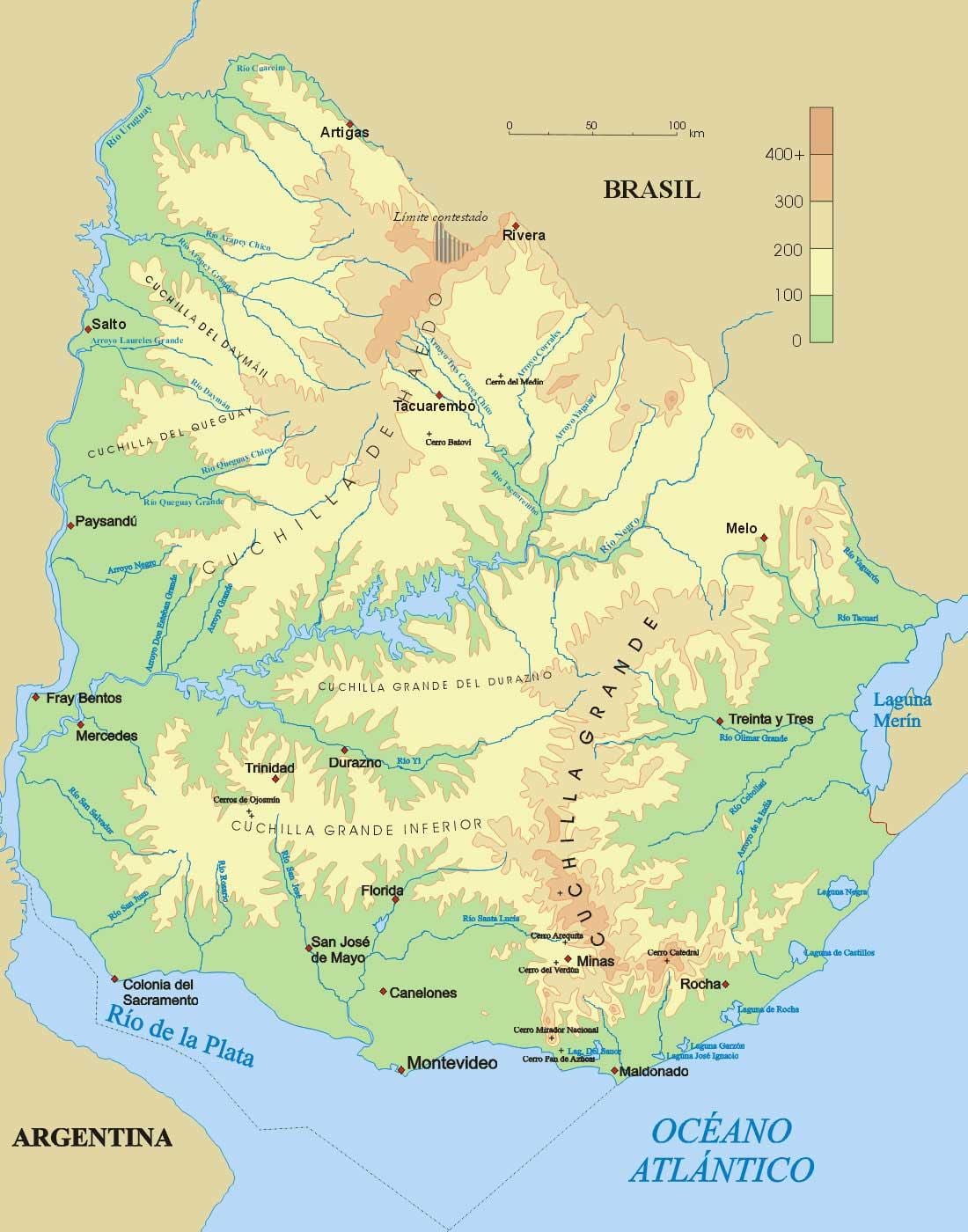 Mapa fyzickej Uruguaj