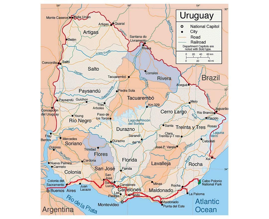 Mapa Uruguaj s citie